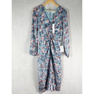 NSR Heidi Rouched Slit Front Floral Sky Midi Dress Size Large